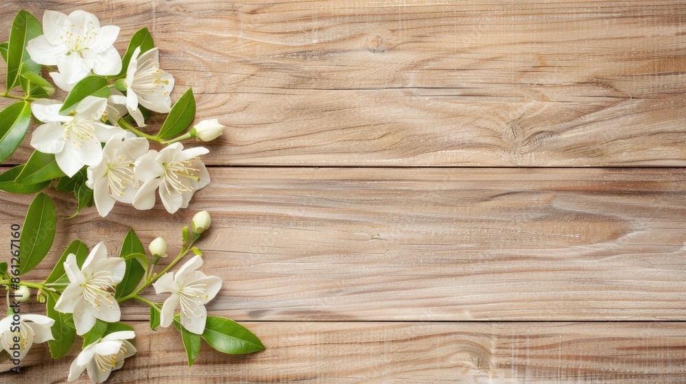 A flat lay image of white jasmine flowers with green leaves arranged on a light brown wooden tabletop background.