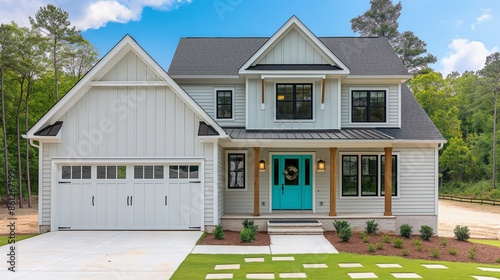 Gray new construction modern cottage home with hardy board siding and teal door, featuring excellent curb appeal.