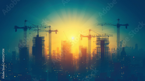 Illustration of multiple construction cranes working on high-rise buildings against a dramatic sunset backdrop in the city.