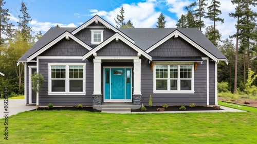 Gray new construction modern cottage home with hardy board siding and teal door, featuring excellent curb appeal.