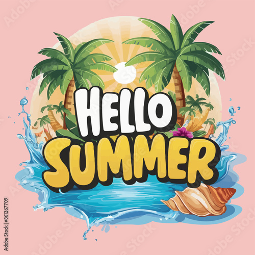 Create graphic logo illustration Hawaiian Sunset with palm trees,surf board whit solid background, drop shadow, vibrant colors, vector art.