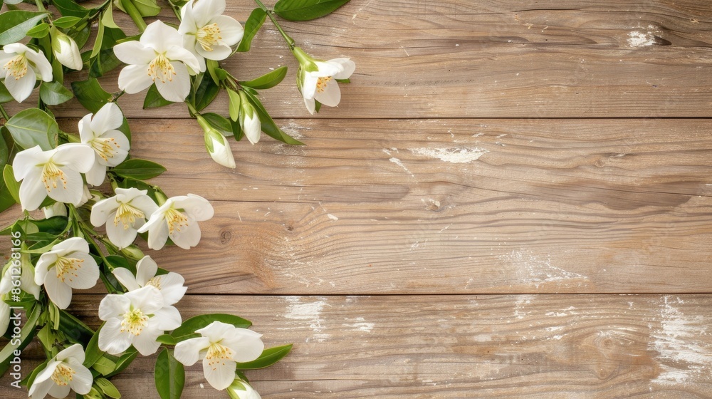 A flat lay image of white jasmine flowers with green leaves arranged on a light brown wooden tabletop background A flat lay image of white jasmine flowers with green leaves arranged on a light brown wooden tabletop background