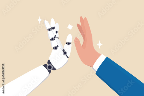 Working together with AI Artificial Intelligence, human cooperate with machine or robot, AI help or support coworker, assistance or partnership concept, businessman hand high five with robot hand.