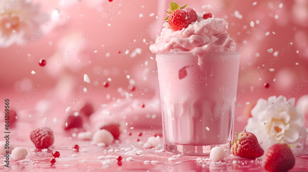 Product photo of cold berry milkshake in a glass