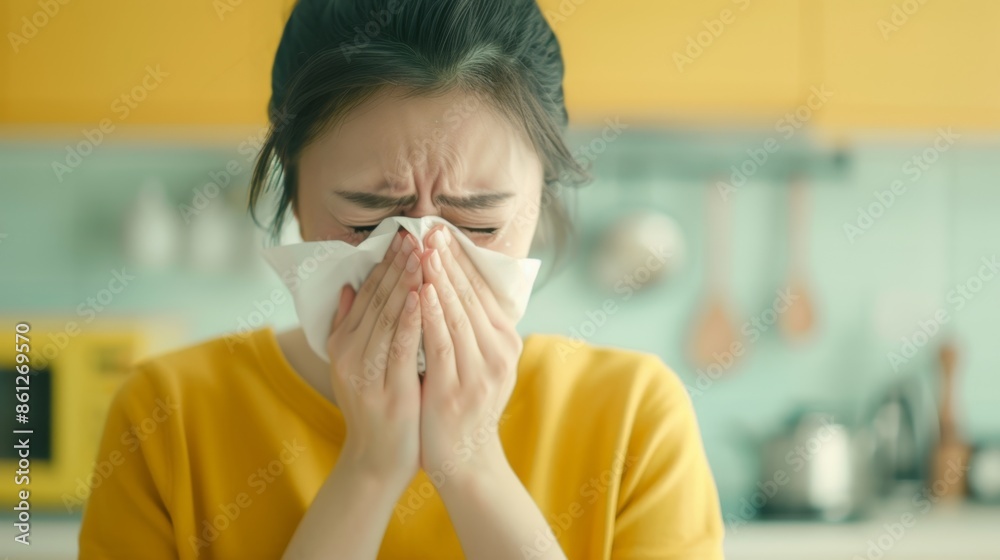 Concerned Asian Woman Coughing in Kitchen with Tissue, Colorful Appliances, Natural Light Background Concerned Asian Woman Coughing in Kitchen with Tissue, Colorful Appliances, Natural Light Background