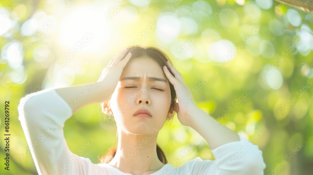 Asian Woman Suffering from Allergies in Park on Bright Day - Discomfort and Eye Irritation Concept Asian Woman Suffering from Allergies in Park on Bright Day - Discomfort and Eye Irritation Concept