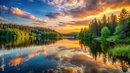 Tranquil sunset scene over a serene lake surrounded by lush forests , peaceful, sunset, lake, serene, lush, forests, orange