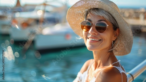 A relaxing image of a woman wearing a hat and sunglasses, enjoying time near the waterfront. The background features blurred boats and water, enhancing the tranquil setting. © Pinklife