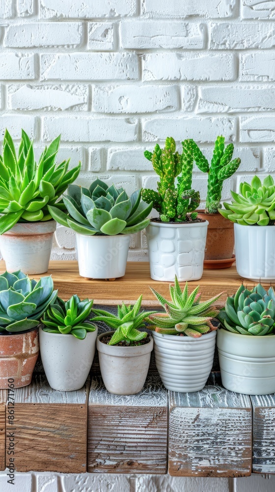 Fototapeta premium A white kitchen countertop with a white brick wall backdrop, featuring succulents in white pots, white kitchenware, and wooden cutting boards