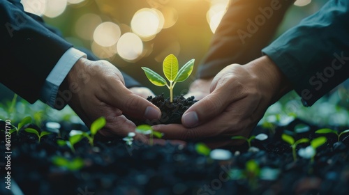 environmental cooperation. the unity of business people and the community together protects small shoots with their hands. future environmental preservation and development of sustainable success