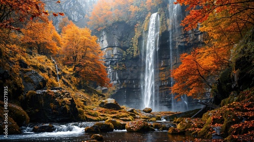 Inspirational Travel Wallpaper with a Beautiful Waterfall, Surrounded by Autumnal Trees. Nature Background with Fall Foliage.
