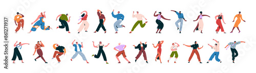 Dancing people set. Happy man and woman having fun at party. Excited joyful young characters moving, energetic positions. Disco movements. Flat vector illustrations isolated on white background