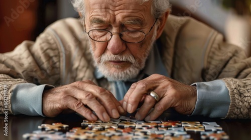 A senior man is deeply engaged in assembling a puzzle on a table, representing cognitive activity, focus, and recreational pastimes during one's senior years. photo