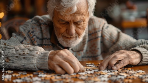 The elderly man is focusing intently on a puzzle at a wooden table. His hands move precisely as he places each piece, indicating dedication and mental engagement.