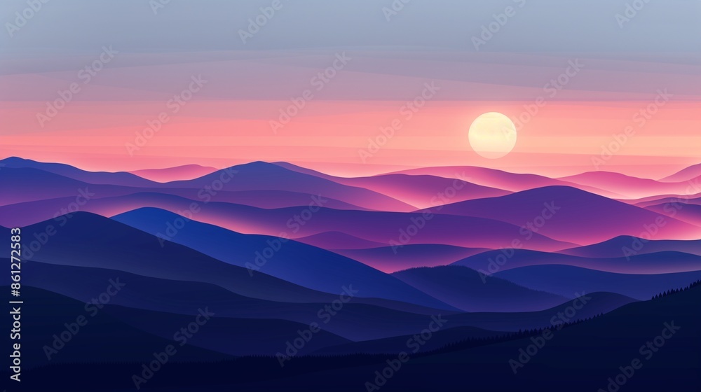 Aesthetic background showcasing a minimalist mountain range at sunrise, with muted tones of blue, purple, and orange creating a tranquil atmosphere.