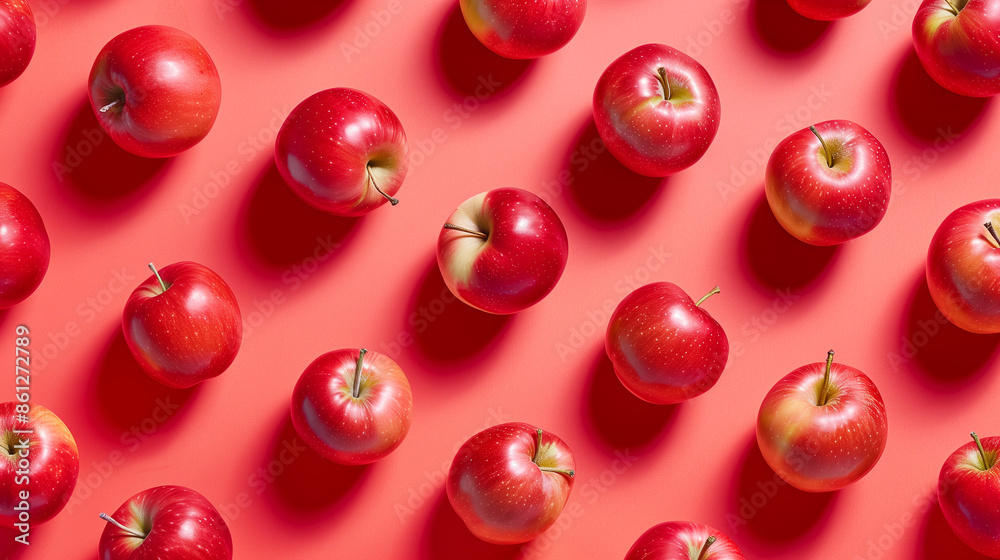 Many red apples on a colored background, top view. Many red apples on a colored background, top view.