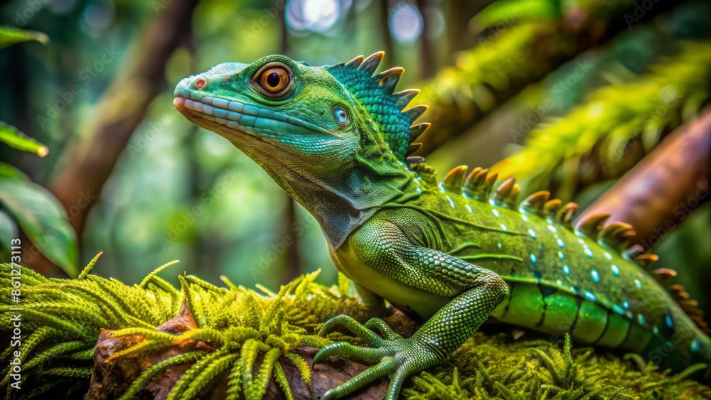Fototapeta premium Vibrant green basilisk lizard perches on a moss-covered branch amidst lush exotic foliage in a serene tropical rainforest environment.