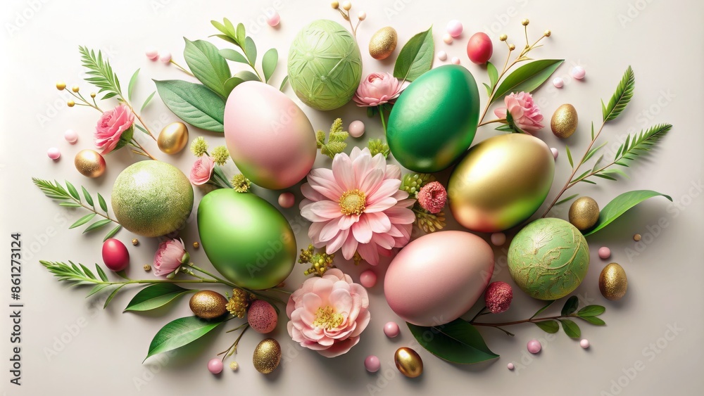 Fototapeta premium Minimalist modern illustration of pink and green eggs surrounded by lush flowers in golden accents on a white background.