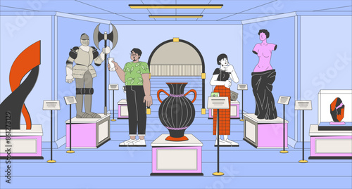 Historic museum people cartoon flat illustration. Asian woman looking at sculpture, arab man taking photo of knight armor 2D line characters color. Exhibition visitors scene vector storytelling image