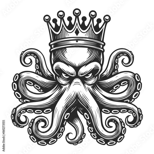 Fierce octopus with a crown, tattoo line art illustration.