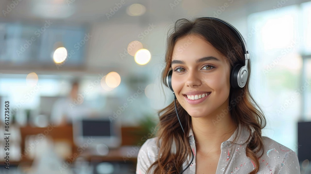 A happy woman, wearing a headset, is smiling warmly in a modern office setting, reflecting a positive and friendly approach to her customer support role, ensuring professionalism and warmth. A happy woman, wearing a headset, is smiling warmly in a modern office setting, reflecting a positive and friendly approach to her customer support role, ensuring professionalism and warmth.