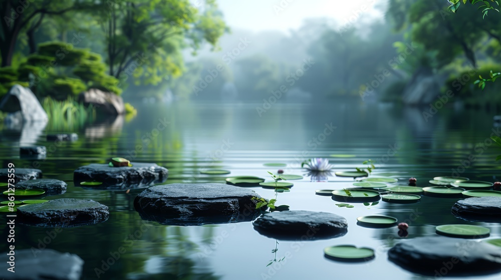 Fototapeta premium Serene Zen Garden with Lily Pads and Tranquil Water
