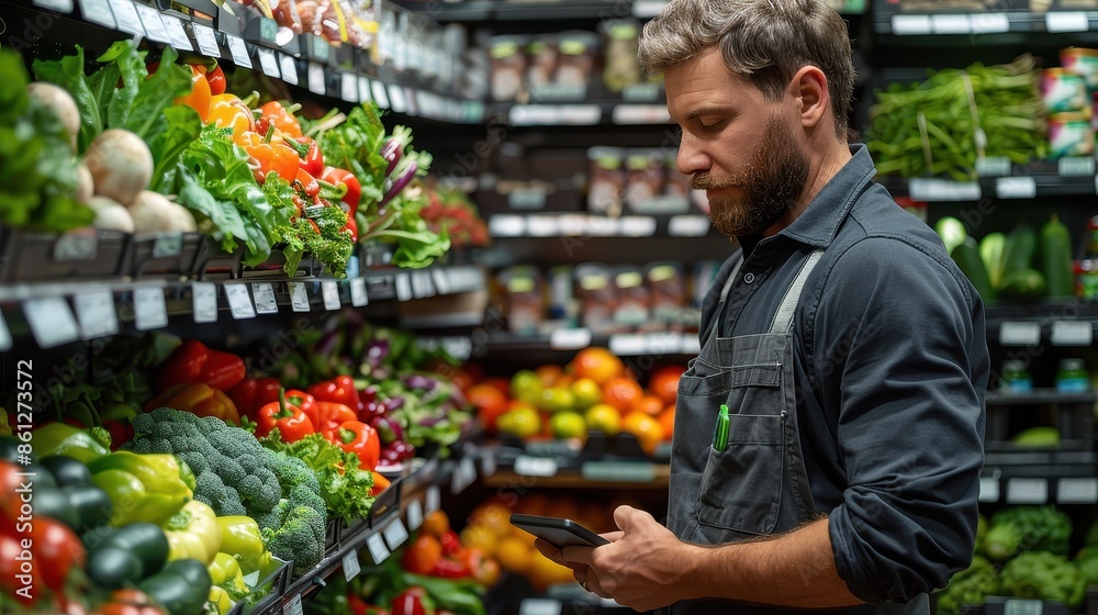 The image showcases a focused male grocery store worker in the fresh produce aisle, meticulously checking items which reflects attention to detail, responsibility, and quality service. The image showcases a focused male grocery store worker in the fresh produce aisle, meticulously checking items which reflects attention to detail, responsibility, and quality service.