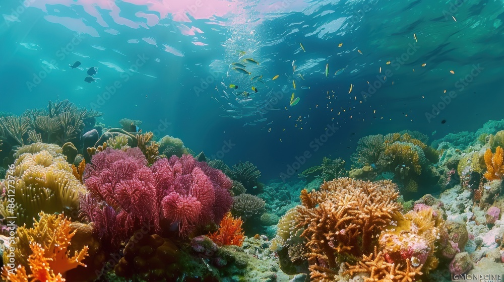 Obraz premium Coral reef and tropical fishes. The underwater world of the Philippines. Philippines.