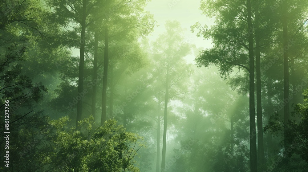 Aesthetic background of a dreamy forest scene with mist and dappled sunlight filtering through tall trees, rendered in soft, calming greens and browns. Aesthetic background of a dreamy forest scene with mist and dappled sunlight filtering through tall trees, rendered in soft, calming greens and browns.