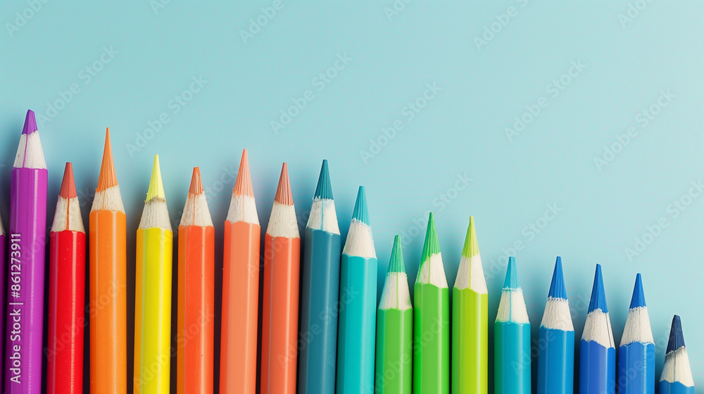 A graph of colored pencils in the shape of an upward trending line, symbolizing growth and progress, on light blue background. The color palette includes vibrant rainbow colors to emphasize creativity A graph of colored pencils in the shape of an upward trending line, symbolizing growth and progress, on light blue background. The color palette includes vibrant rainbow colors to emphasize creativity