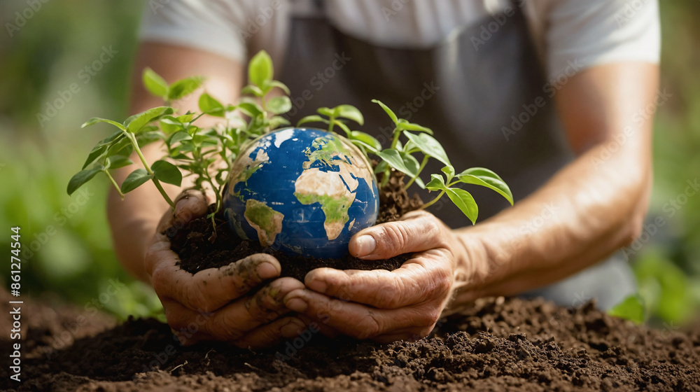 Hands holding Earth globe with plant seedlings and soil. Earth Day concept and environment protection. Save our planet, sustainable lifestyle promotion Hands holding Earth globe with plant seedlings and soil. Earth Day concept and environment protection. Save our planet, sustainable lifestyle promotion