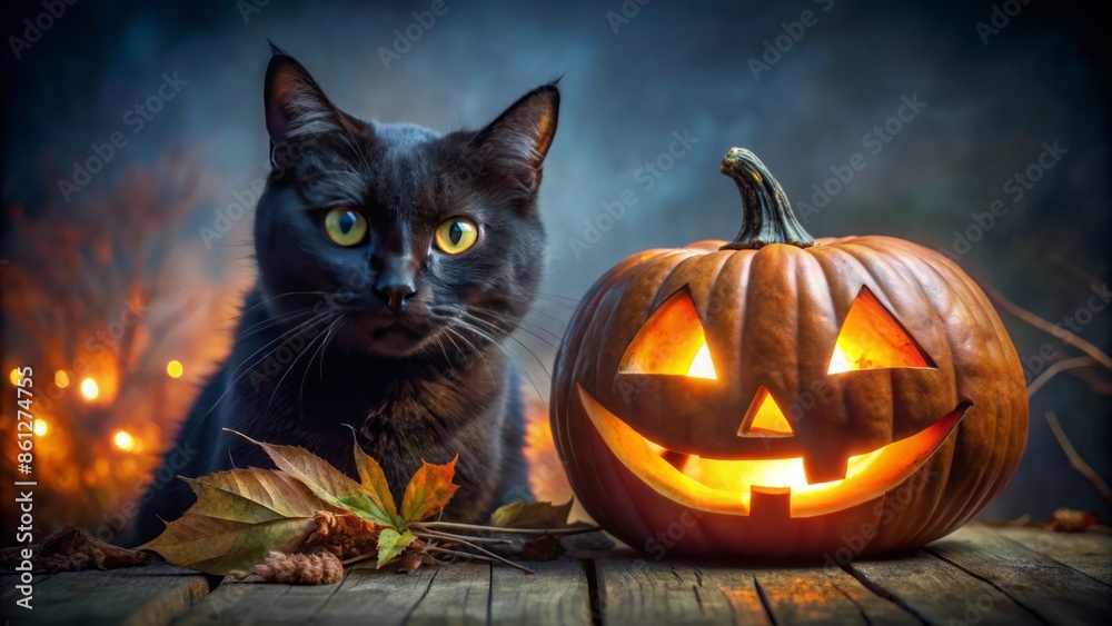 A menacing black cat with glowing eyes peers out from behind a creepy illuminated jack-o-lantern on a dark Halloween night. A menacing black cat with glowing eyes peers out from behind a creepy illuminated jack-o-lantern on a dark Halloween night.