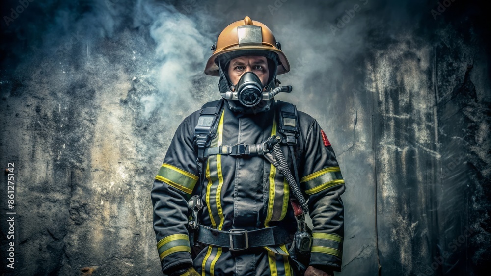 Fototapeta premium Tough, rugged, confident firefighter stands alone, clad in uniform, helmet, oxygen mask, against dark, textured wall, exuding bravery, intensity.