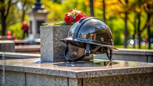 A solemn helmet rests on a granite pedestal, adorned with a black armband, paying tribute to fallen firefighters' ultimate sacrifice. photo