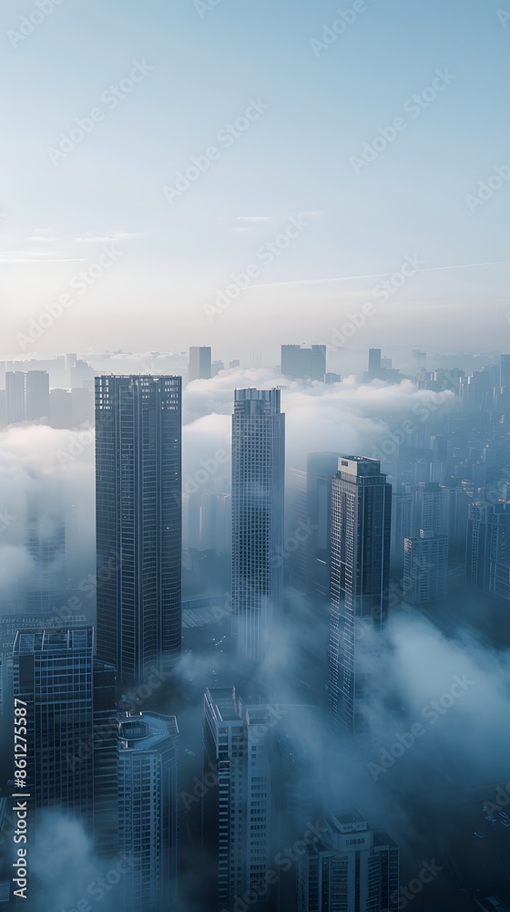 Fog Shrouded Skyscrapers Emerge from the Clouds Revealing a Captivating Cityscape Fog Shrouded Skyscrapers Emerge from the Clouds Revealing a Captivating Cityscape