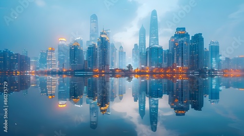 Serene Mirrored Cityscape with Towering Skyscrapers Reflecting in Calm River at Dusk