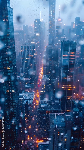 Wallpaper Mural Dramatic Cityscape During Rainstorm with Tall Buildings Shrouded in Mist and Raindrops Torontodigital.ca