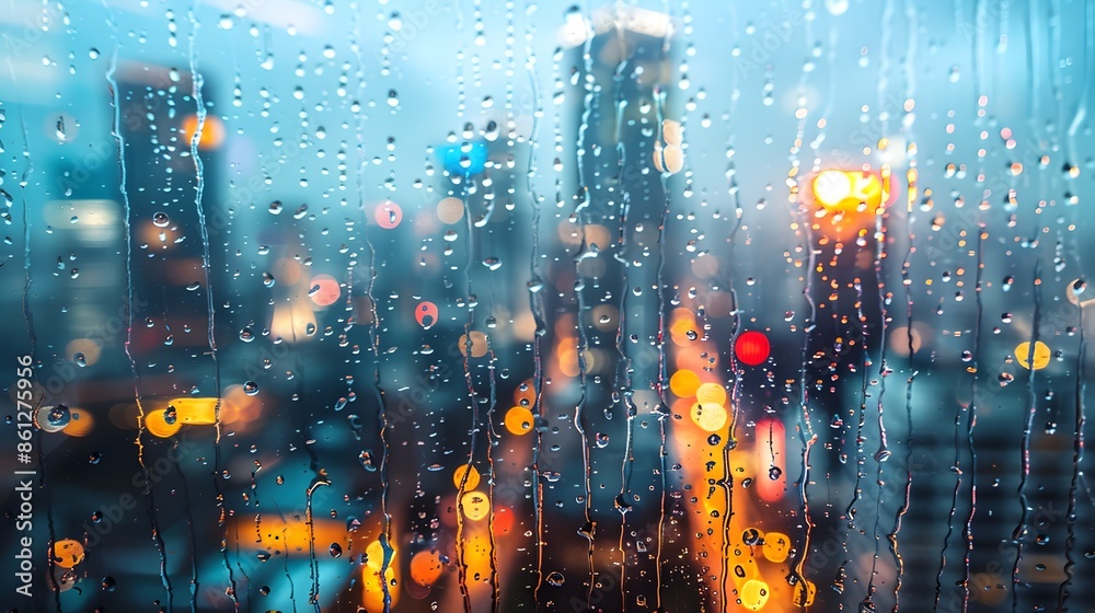 Fototapeta premium Blurred Skyscrapers Seen Through Rain covered Window with Illuminating City Lights