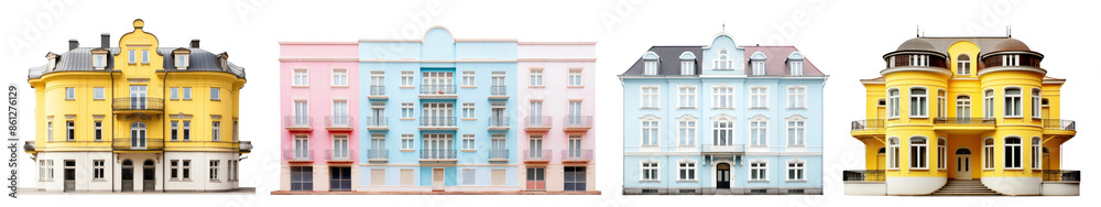 Colorful apartment building architecture png on transparent background Colorful apartment building architecture png on transparent background