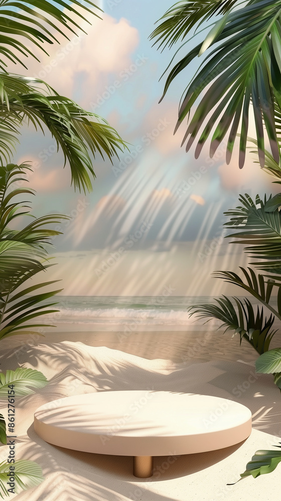 Beach empty podium summer background for product presentation Beach empty podium summer background for product presentation