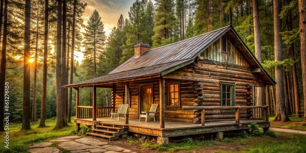 Rustic cabin in the woods with a peaceful porch overlooking a serene forest , cabin, woods, porch, rustic, serene, peaceful Rustic cabin in the woods with a peaceful porch overlooking a serene forest , cabin, woods, porch, rustic, serene, peaceful