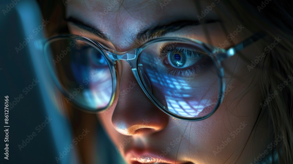 A Girl Works On The Internet, The Reflection Of The Laptop Screen Visible In Her Glasses, Her Eyes Focused And Determined A Girl Works On The Internet, The Reflection Of The Laptop Screen Visible In Her Glasses, Her Eyes Focused And Determined