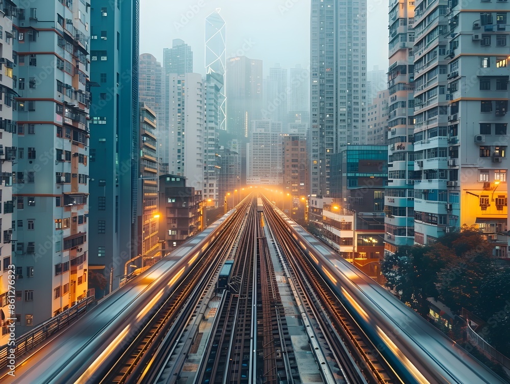 Fototapeta premium Elevated Train Ride Through the Bustling Cityscape With Towering Skyscrapers and Dynamic Urban Infrastructure