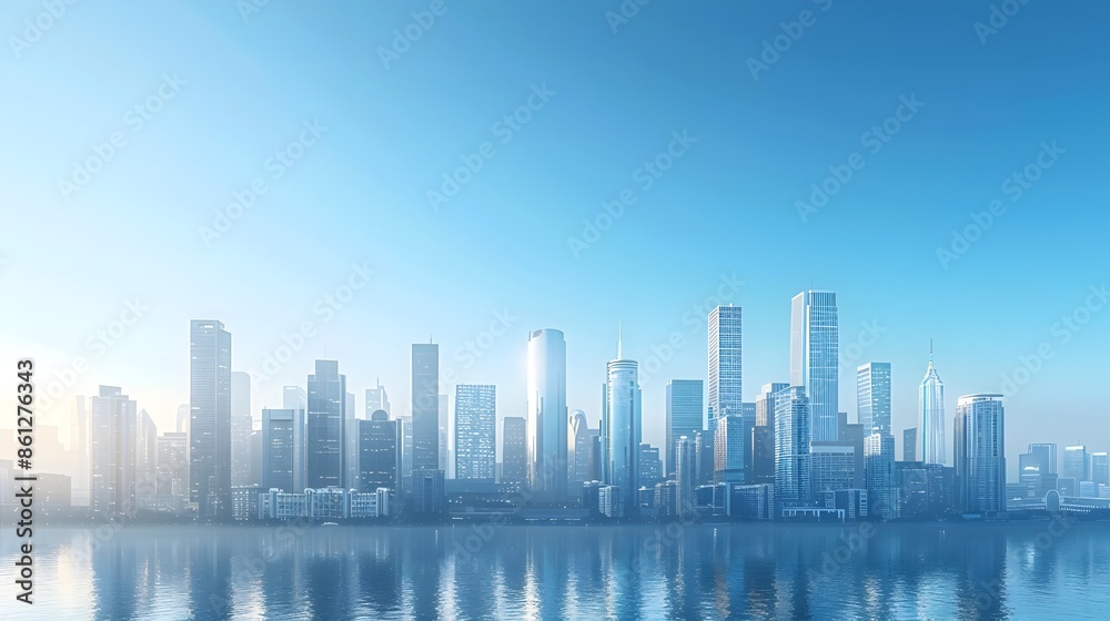 Futuristic Cityscape with Tall Skyscrapers Against Clear Blue Sky Futuristic Cityscape with Tall Skyscrapers Against Clear Blue Sky