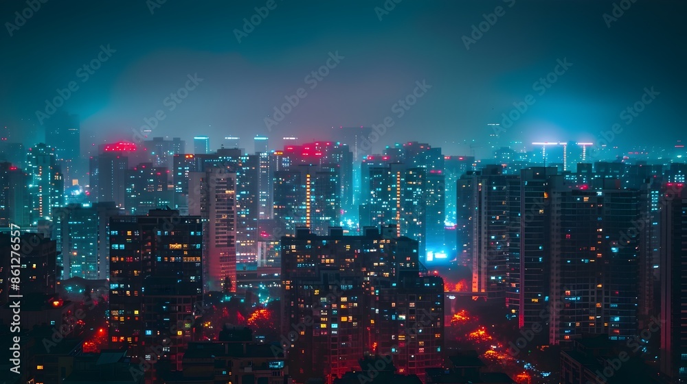 Vibrant Nighttime Cityscape with Colorfully Lit Skyscrapers and Glimmering Skyline Vibrant Nighttime Cityscape with Colorfully Lit Skyscrapers and Glimmering Skyline