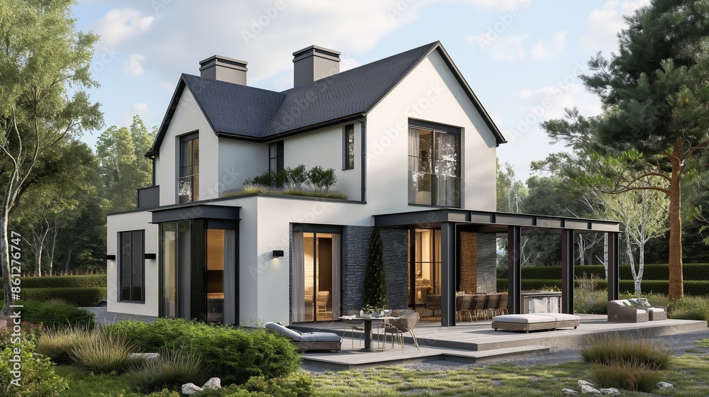 3D rendering of a modern house showcasing contemporary architecture and sleek design elements. 3D rendering of a modern house showcasing contemporary architecture and sleek design elements.