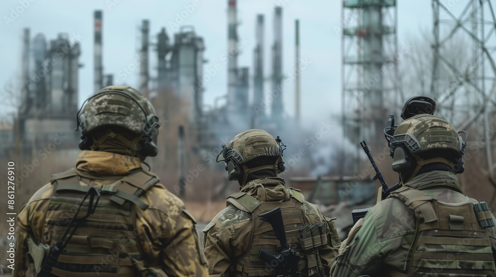 Fototapeta premium A group of soldiers in camouflage uniforms and helmets, armed with rifles, observing an industrial complex