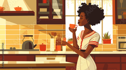 Serene African Woman Enjoying a Cup of Hot Tea in Her Cozy and Comfortable Home Kitchen