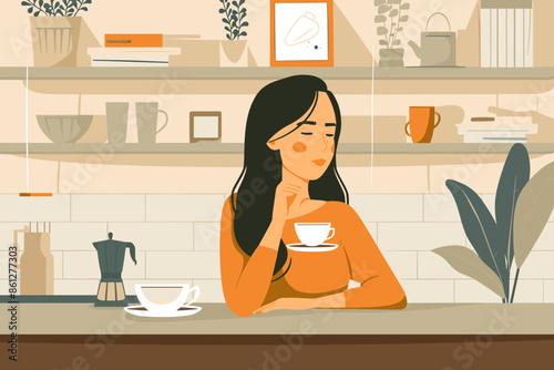 Woman Savoring the Rich Aroma and Flavor of Freshly Made Coffee in Her Cozy Home