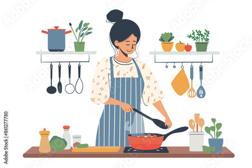 Woman Simmering a Comforting Soup with Fresh Ingredients in Her Inviting Cozy Kitchen